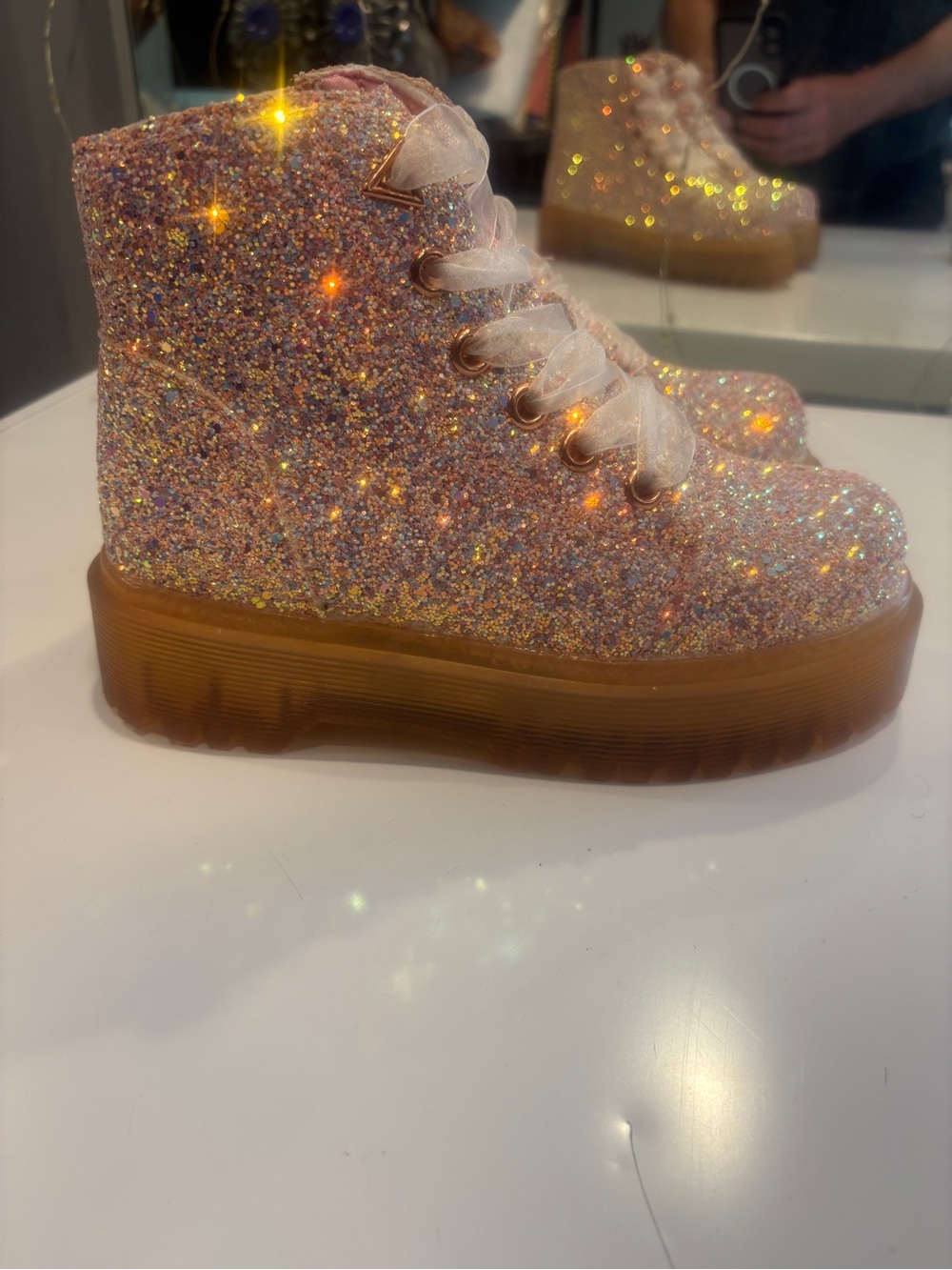 YRU Pink Glitter Platform Ankle Boots with Gum Sole